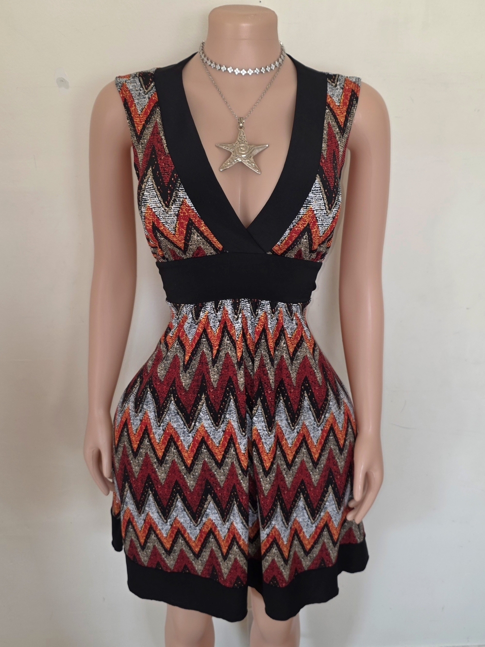 Iz Byer Metallic Chevron V-Neck Mini Dress in Red, Orange, Black